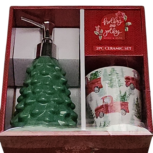 Holly and Jolly Home Other - Holly and Jolly Home Ceramic Soap Dispenser and Toothbrush Holder Set